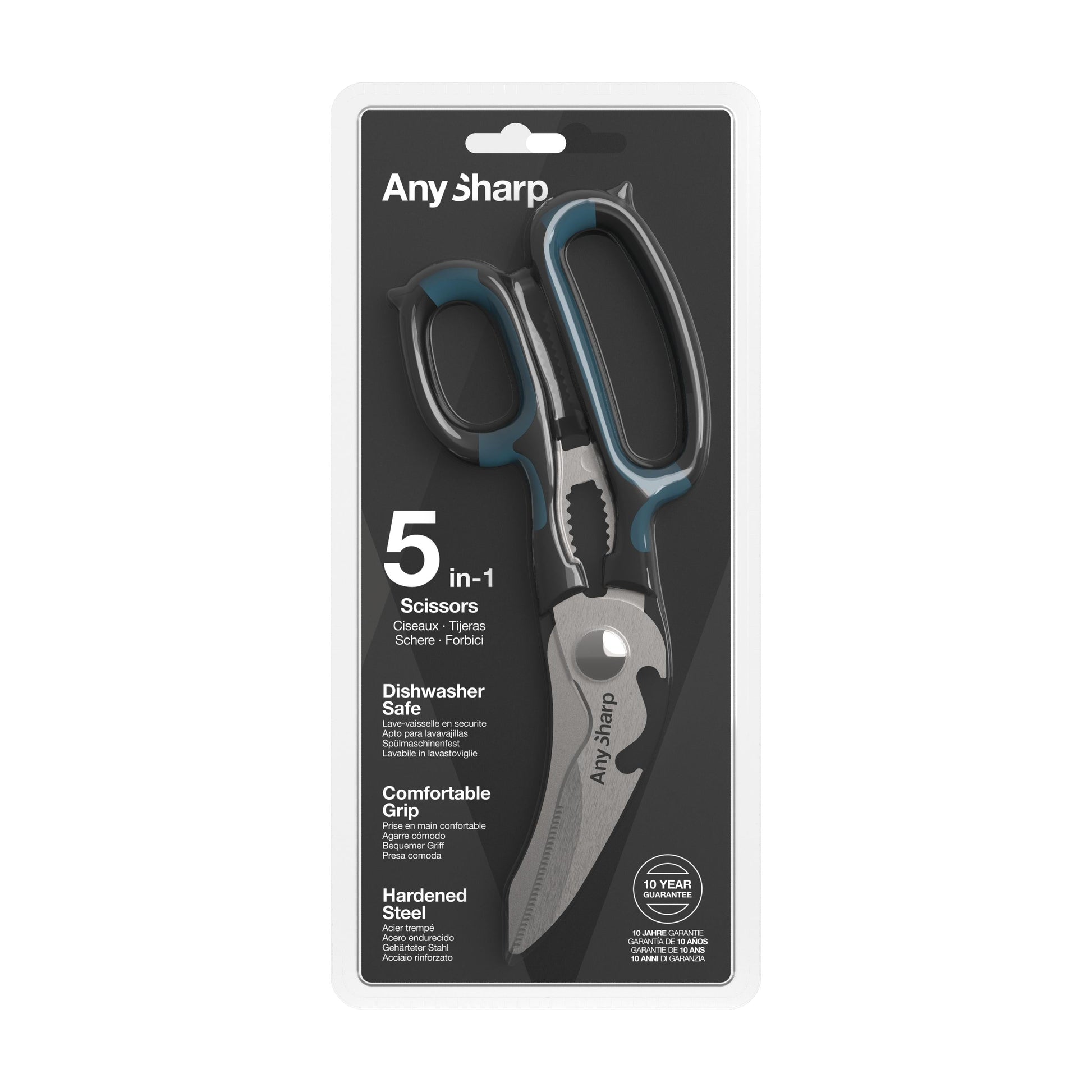 AnySharp Smart Scissors with ergonomic handles and sharp blades for precise cutting, shown in a close-up image.