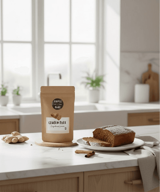 Simple Bake gluten-free oat gingerbread premix in a bowl with baking ingredients on a wooden surface.