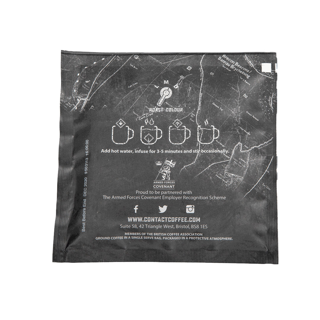 Single serve coffee bag from Contact Coffee Company Ltd. labeled Battle Prep, ready for brewing.