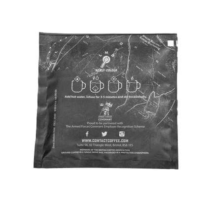 Single serve coffee bag from Contact Coffee Company Ltd. labeled Battle Prep, ready for brewing.