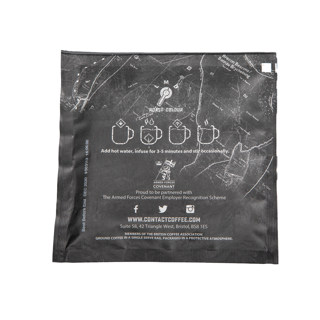 Single serve coffee brew bag from Contact Coffee Company Ltd. for easy brewing, featuring bold coffee beans and packaging.