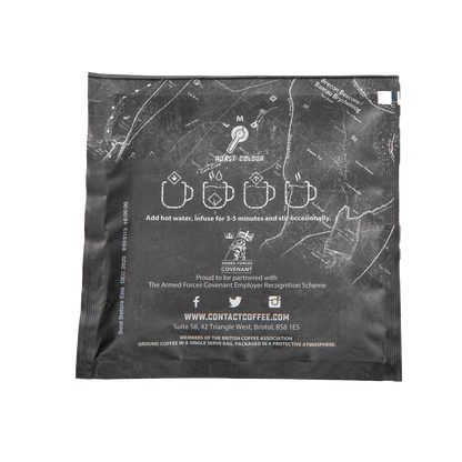 Single serve coffee brew bag from Contact Coffee Company Ltd. for easy brewing, featuring bold coffee beans and packaging.