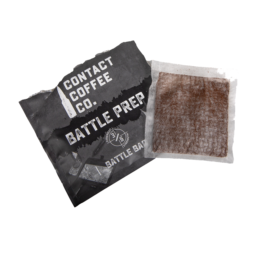 Single serve coffee brew bag from Contact Coffee Company Ltd. with coffee grounds inside, ready for brewing.