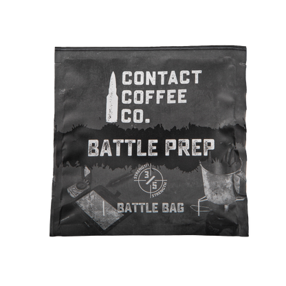 Single serve coffee bag from Contact Coffee Company Ltd. featuring Battle Prep blend, ready for brewing.