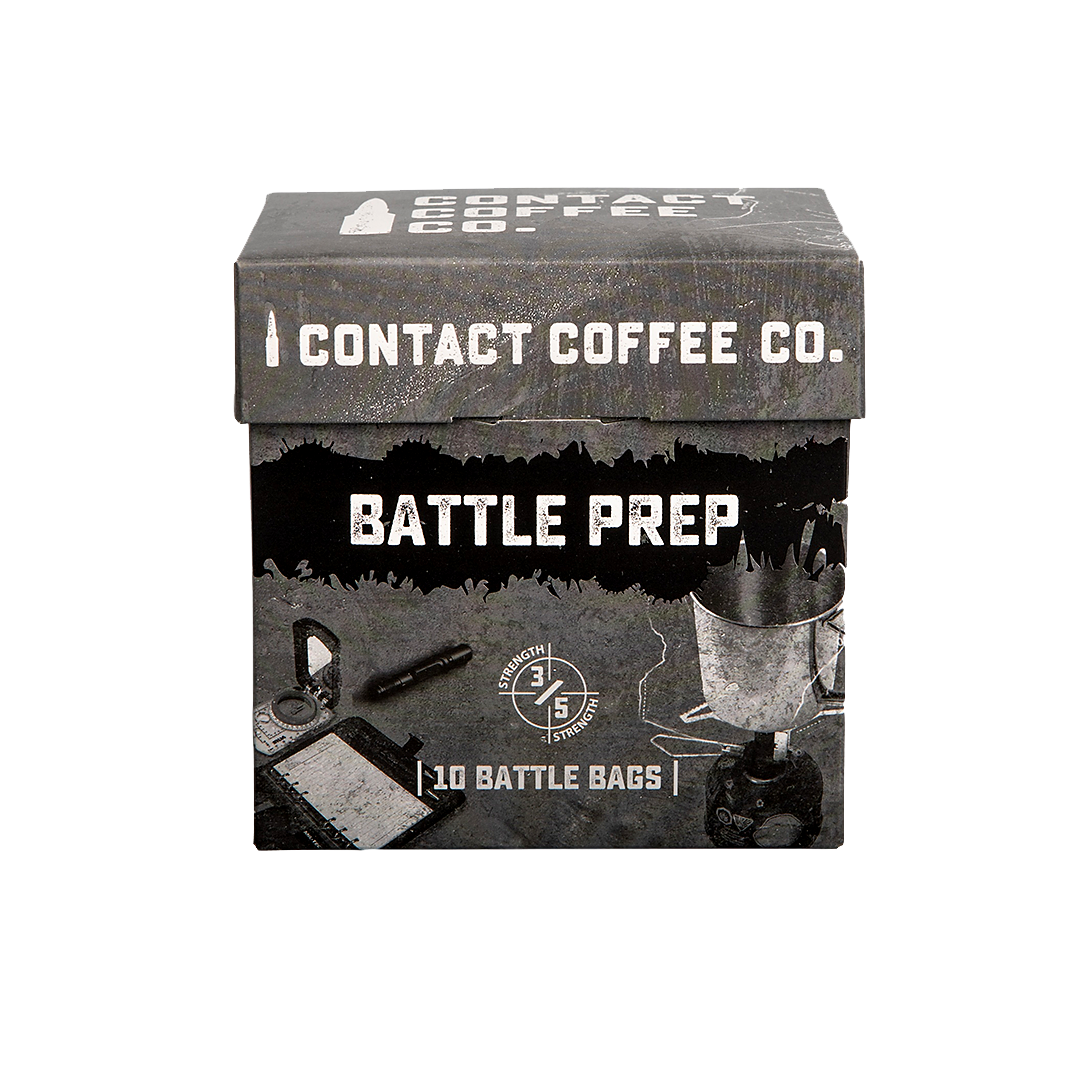 Single serve coffee bag labeled Battle Prep from Contact Coffee Company Ltd., showcasing the coffee packaging with branding.