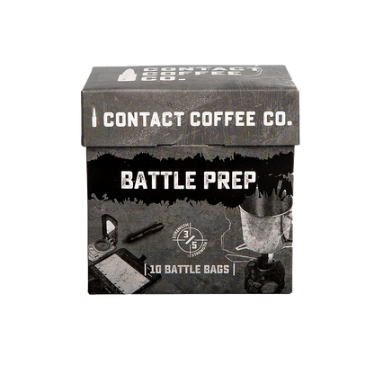 Single serve coffee bag labeled Battle Prep from Contact Coffee Company Ltd., showcasing the coffee packaging with branding.