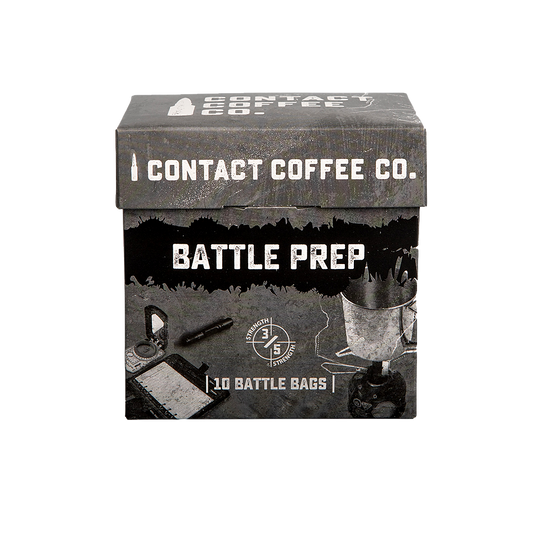 Single serve coffee bag labeled Battle Prep from Contact Coffee Company Ltd., showcasing the coffee packaging with branding.