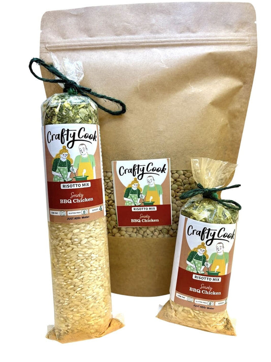 Crafty Cook BBQ Chicken Risotto Mix in a box, with ingredients visible and prepared for cooking. Gluten-free all-in-one meal.