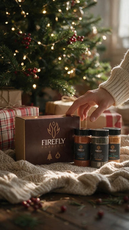FireFly Barbecue Christmas gift set featuring a box with three award-winning BBQ rubs and sauce bottles.