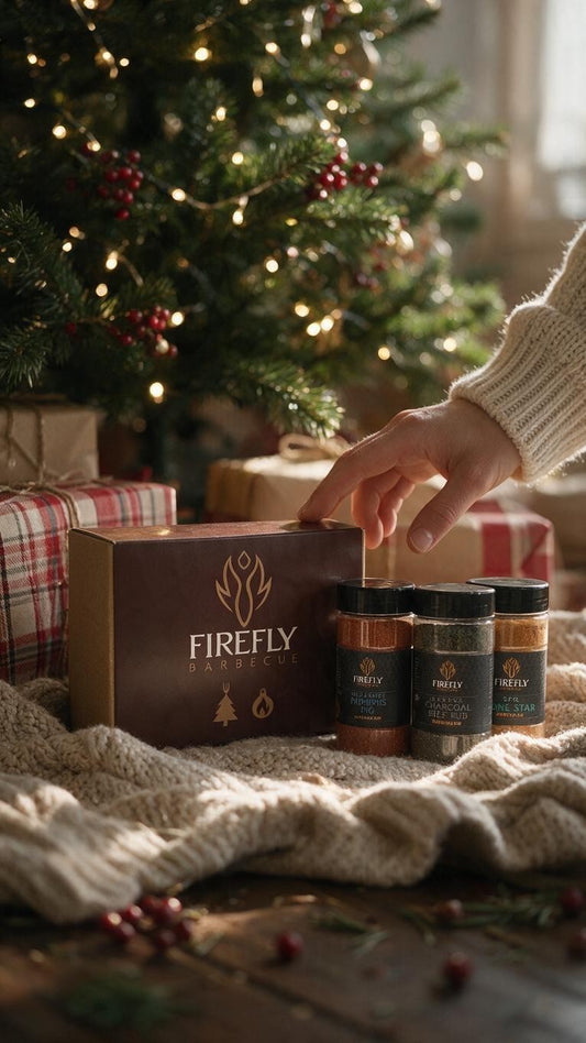 FireFly Barbecue Christmas gift set featuring a box with three award-winning BBQ rubs and sauce bottles.