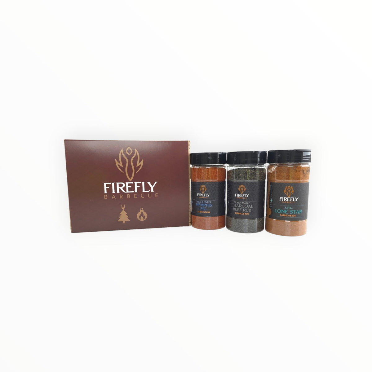 FireFly Barbecue BBQ Christmas gift box featuring three award-winning rubs and sauce set for grilling and holiday celebrations.