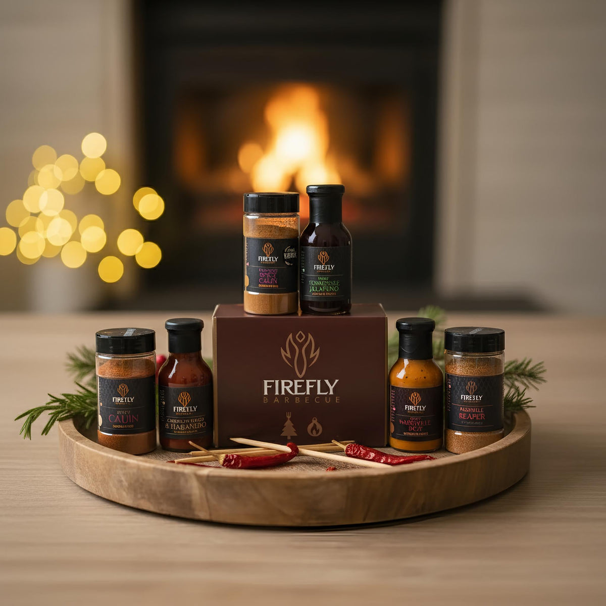 FireFly Barbecue spicy BBQ Christmas six pack gift box with six small jars of spicy barbecue sauces and festive packaging.