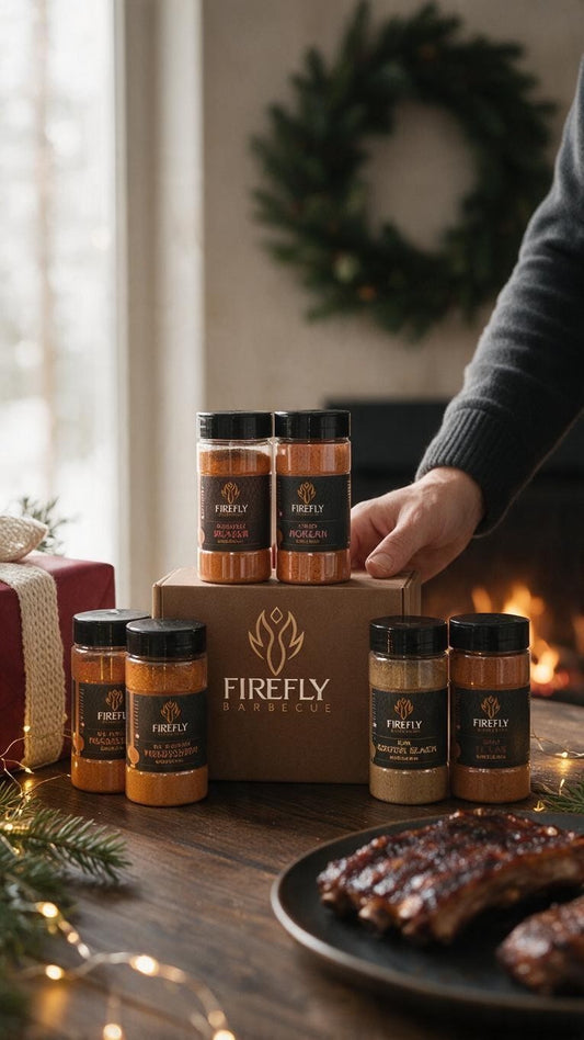 FireFly Barbecue spicy BBQ Christmas six-pack gift box with assorted rubs and seasonings, perfect for holiday grilling.