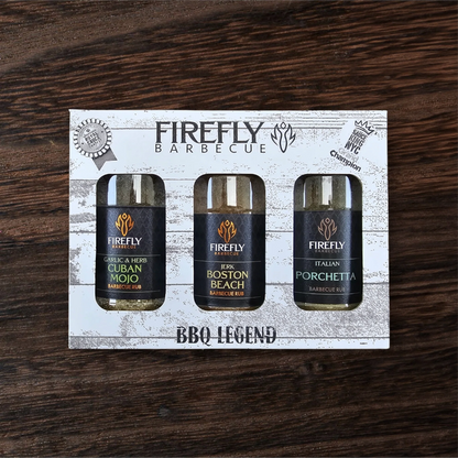 FireFly Barbecue's BBQ Legend 3 Herby BBQ Rubs gift pack featuring three bottles of flavorful herb-infused barbecue seasoning.