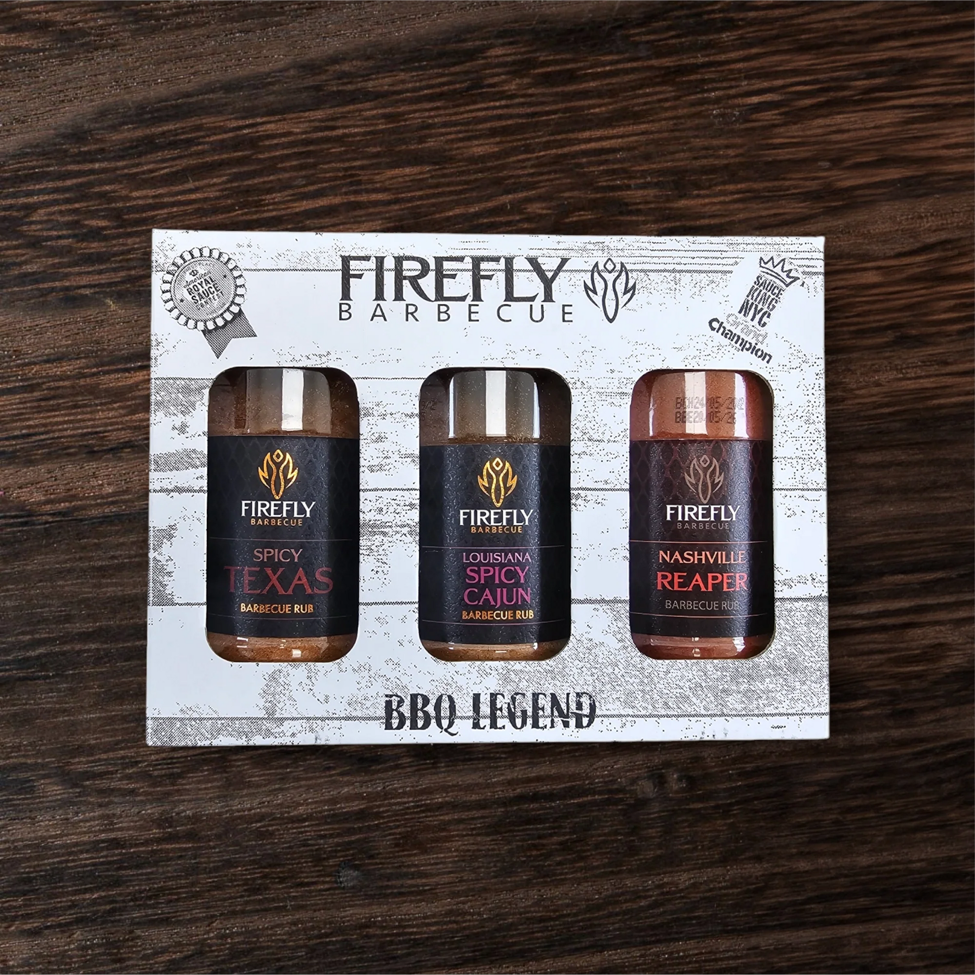 FireFly Barbecue BBQ Legend spicy BBQ rubs gift pack, featuring three flavorful spice blends in a convenient bundle.