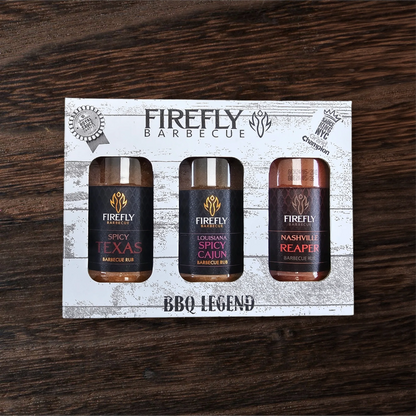 FireFly Barbecue BBQ Legend spicy BBQ rubs gift pack, featuring three flavorful spice blends in a convenient bundle.