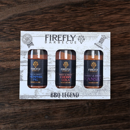 FireFly Barbecue BBQ Legend gift set with three sweet BBQ rubs in colorful containers, ideal for grilling enthusiasts.