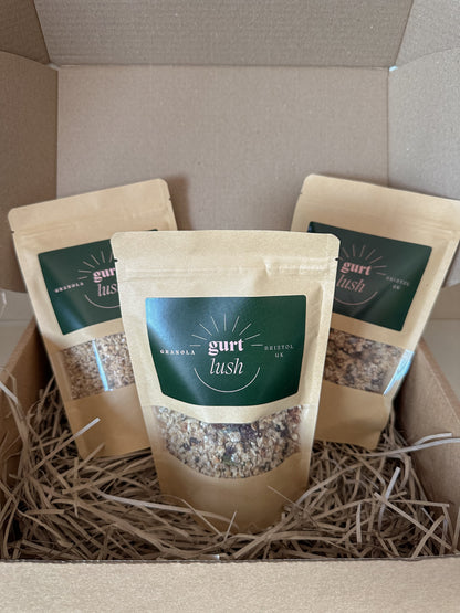 Gurt Lush Food Co granola taster box with assorted granola varieties in a gift box, showcasing different textures and flavors.