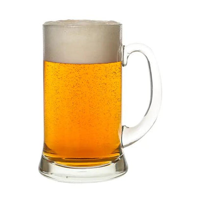 Heritage Glass Tankard 2 Pint from Glassware UK showing clear glass with a sturdy handle and detailed engravings.