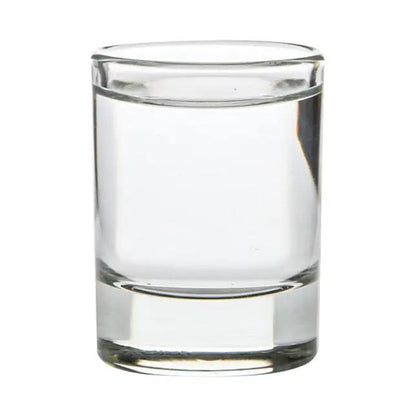 Set of six Glassware UK Heritage 40ml shot glasses with clear glass and simple design, arranged on a white surface.
