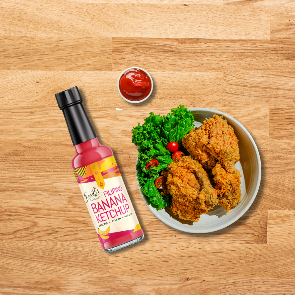 Filipino-style banana ketchup by RoniBs Kitchen served with fried chicken, showcasing the sweet and tangy condiment.