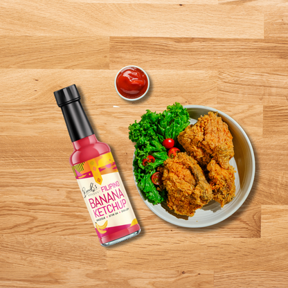 Filipino-style banana ketchup by RoniBs Kitchen served with fried chicken, showcasing the sweet and tangy condiment.