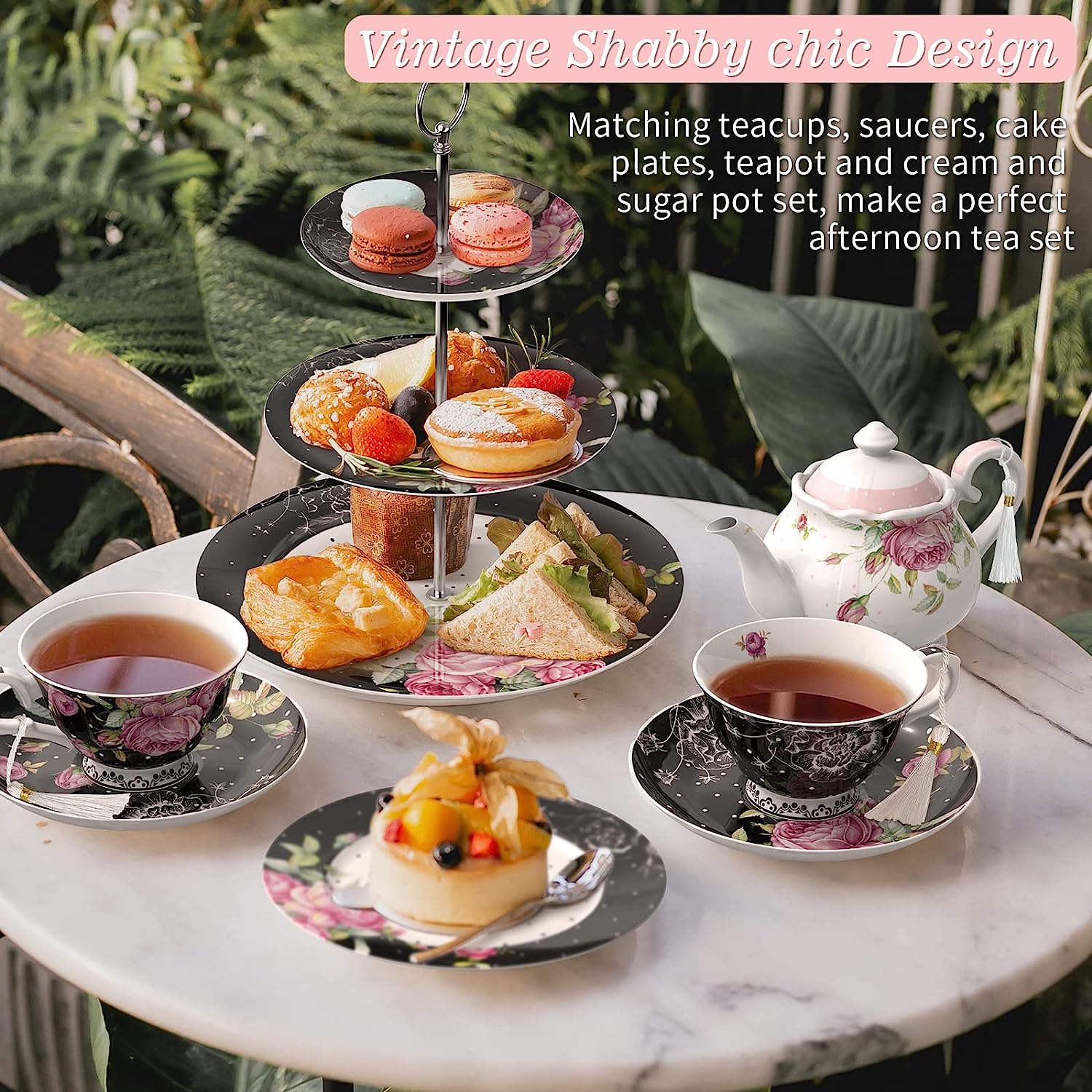 Black Mother's Day Coronation Party Afternoon Tea set with 3-tier cake stand, 2 cups, 2 saucers, and 4 plates from London Boutique Lifestyle.