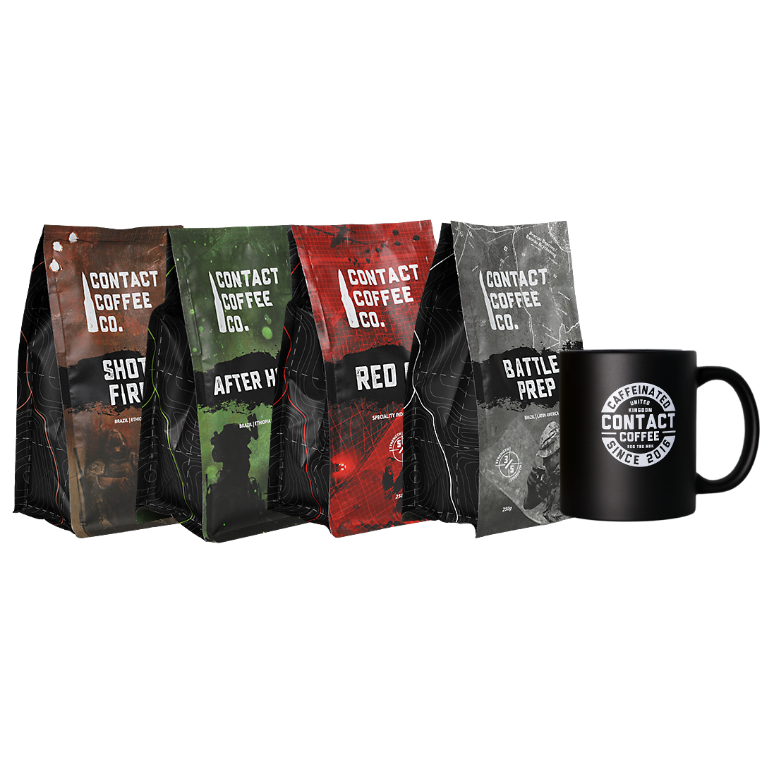 Recce party deal from Contact Coffee Company Ltd., featuring a vibrant display of coffee products and packaging.