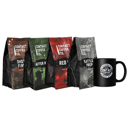Recce party deal from Contact Coffee Company Ltd., featuring a vibrant display of coffee products and packaging.
