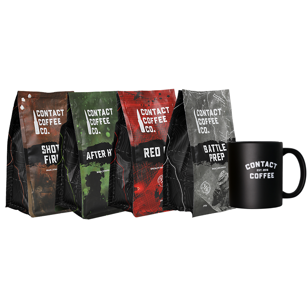 Recce party deal from Contact Coffee Company Ltd., featuring a variety of coffee products and accessories on a retail display.