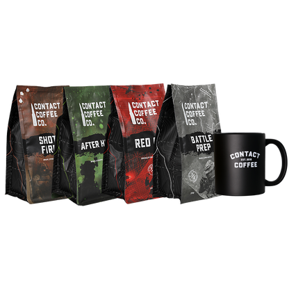 Recce party deal from Contact Coffee Company Ltd., featuring a variety of coffee products and accessories on a retail display.