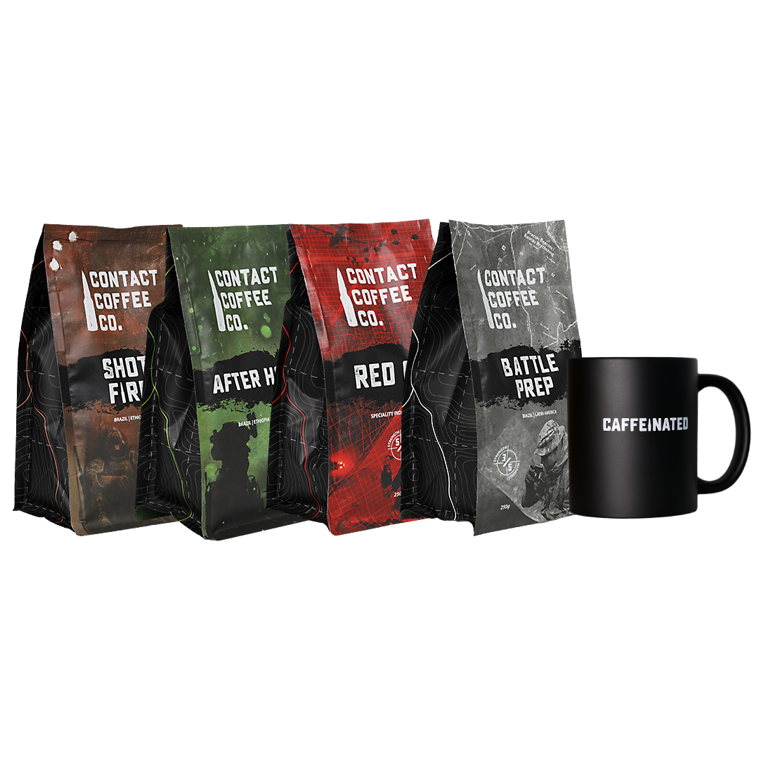 Recce party deals from Contact Coffee Company Ltd., featuring assorted coffee products on a display shelf.