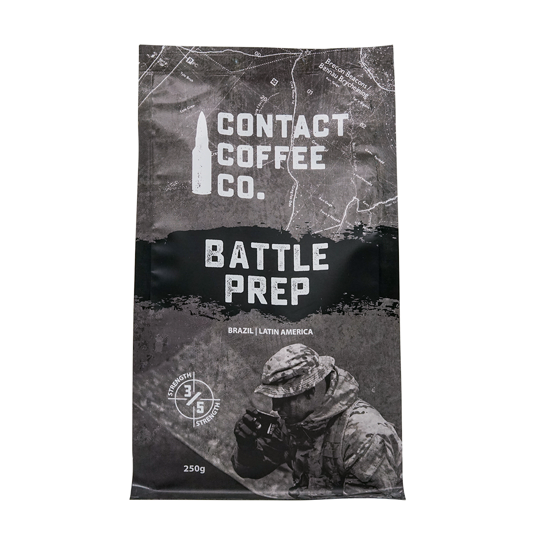 Contact Coffee Company Ltd. Battle Prep Coffee in a cup, showcasing rich coffee with a creamy foam topping.