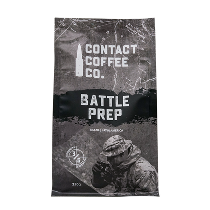 Contact Coffee Company Ltd. Battle Prep Coffee in a cup, showcasing rich coffee with a creamy foam topping.