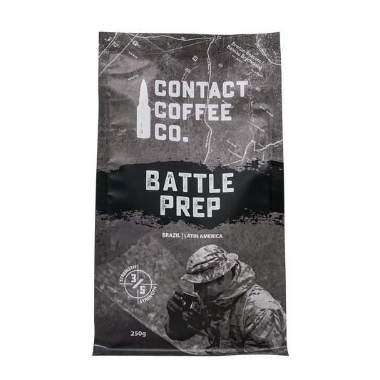 Contact Coffee Company Ltd. Battle Prep Coffee in a cup, showcasing rich coffee with a creamy foam topping.