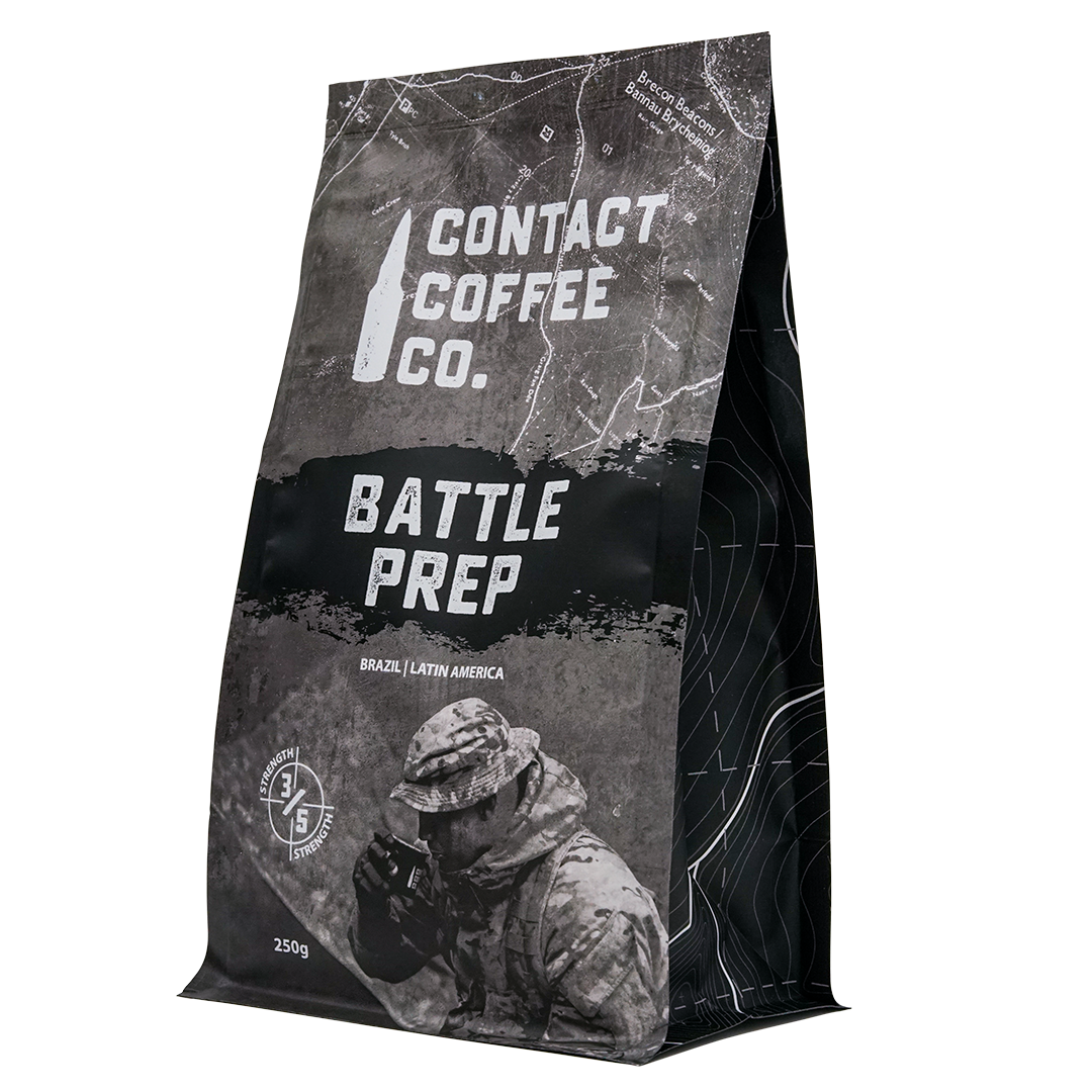 Contact Coffee Company Ltd. Battle Prep Coffee in a bag, showcasing a rich roasted coffee bean blend in a vibrant package.