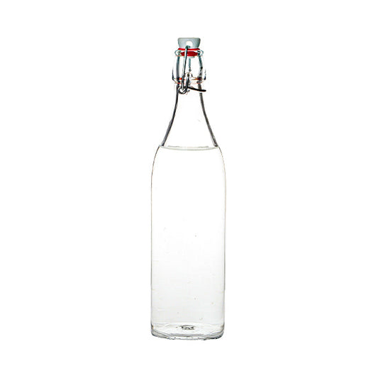 Clear glass Bormioli Rocco 1-liter round swing top bottle with metal clasp and rubber gasket for fresh storage.