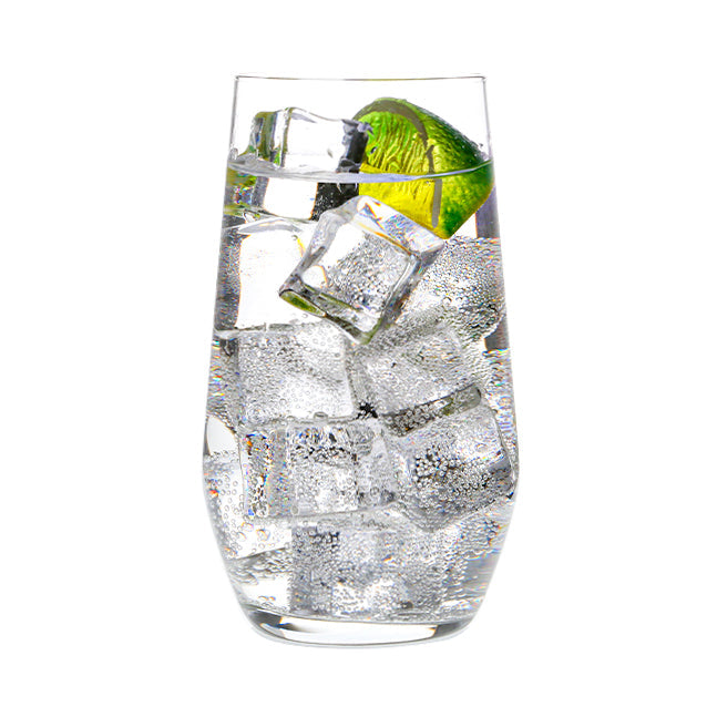 Set of six Bormioli Rocco Electra highball glasses, 390ml whisky tumblers with clear glass and smooth rounded rims.