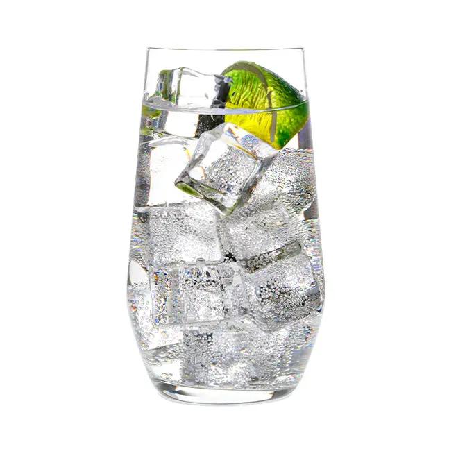 Set of six Bormioli Rocco Electra highball glasses, 390ml whisky tumblers with clear glass and smooth rims.