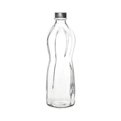 Bormioli Rocco Wave 1L glass bottle with a textured wave pattern and clear glass, designed for beverages or storage.