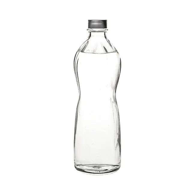 Bormioli Rocco Wave 1L glass bottle with a sleek, curved design, placed on a wooden surface.