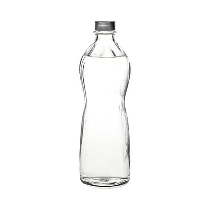 Bormioli Rocco Wave 1L glass bottle with a sleek, curved design, placed on a wooden surface.