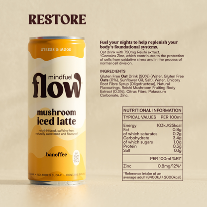 Mindfuel Flow Lion's Mane and Reishi oat latte mix pack with colorful packaging and product label showing ingredients.