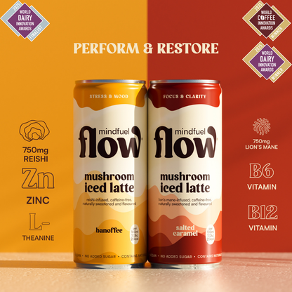 Mindfuel Flow Lion's Mane and Reishi oat latte mix in a jar with a spoon on a wooden surface.
