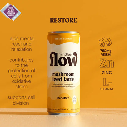 Reishi oat latte with banana and toffee flavor in a mug, featuring a Reishi mushroom and oat drink ingredients from Mindfuel Flow.