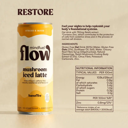 Reishi oat latte with banoffee flavor in a mug, showcasing creamy drink topped with foam, from Mindfuel Flow.