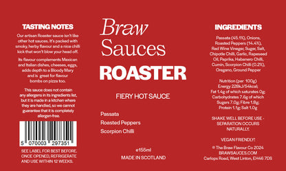 Braw Sauces Roaster Hot Sauce label with vibrant design featuring fiery peppers and bold typography on a rectangular label