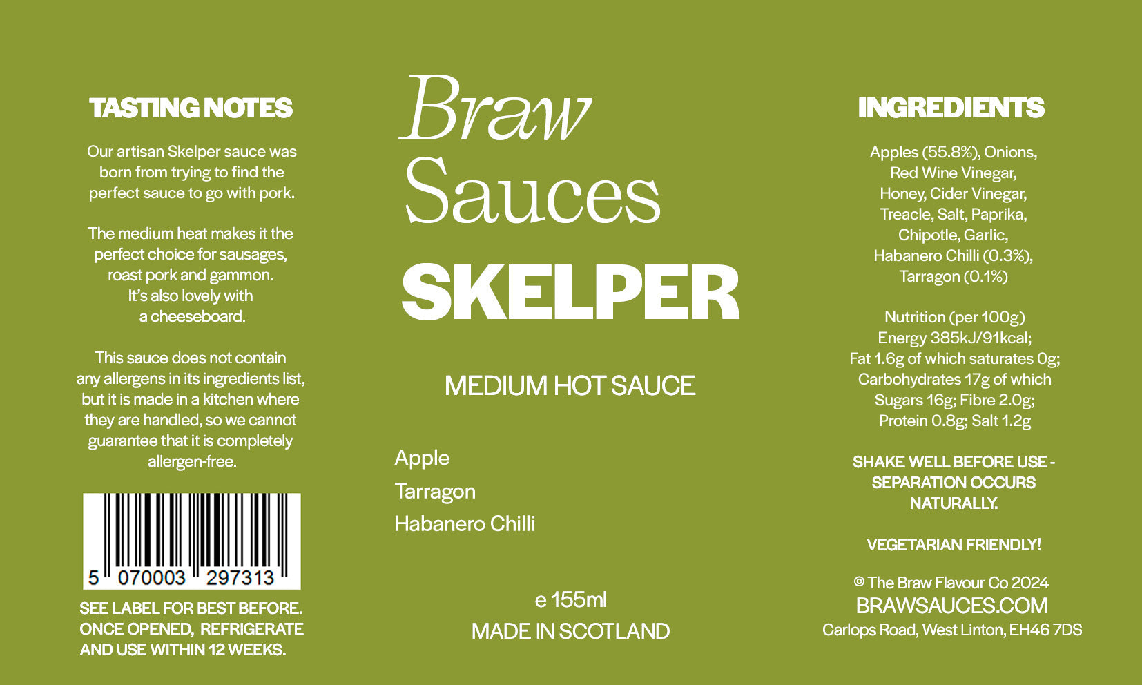 Braw Sauces Skelper Hot Sauce bottle with label design featuring a spooky skeleton theme and vibrant red and black colors.