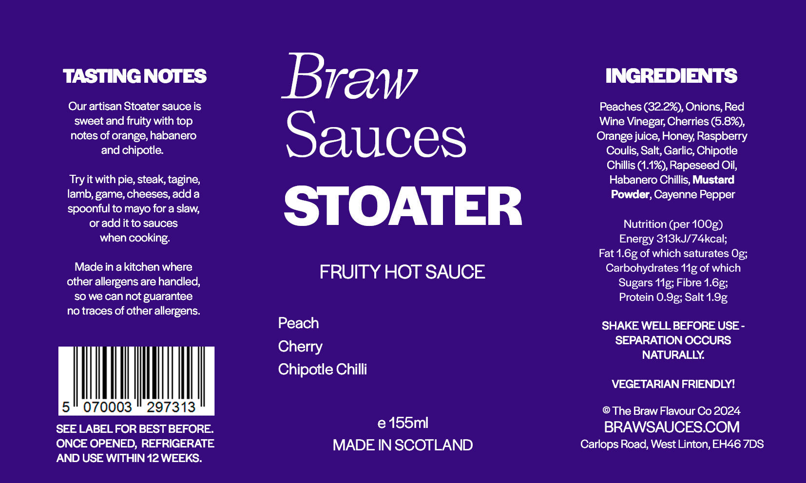 Braw Sauces Stoater Sauce bottle with label design featuring bold text and vibrant colors, ready for pairing with meals.