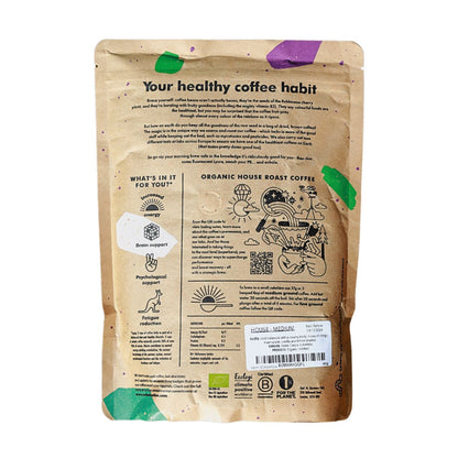 Back of the package showing Exhale Healthy Coffee Organic House Roast Coffee in a brown paper bag with a label and brewing instructions.